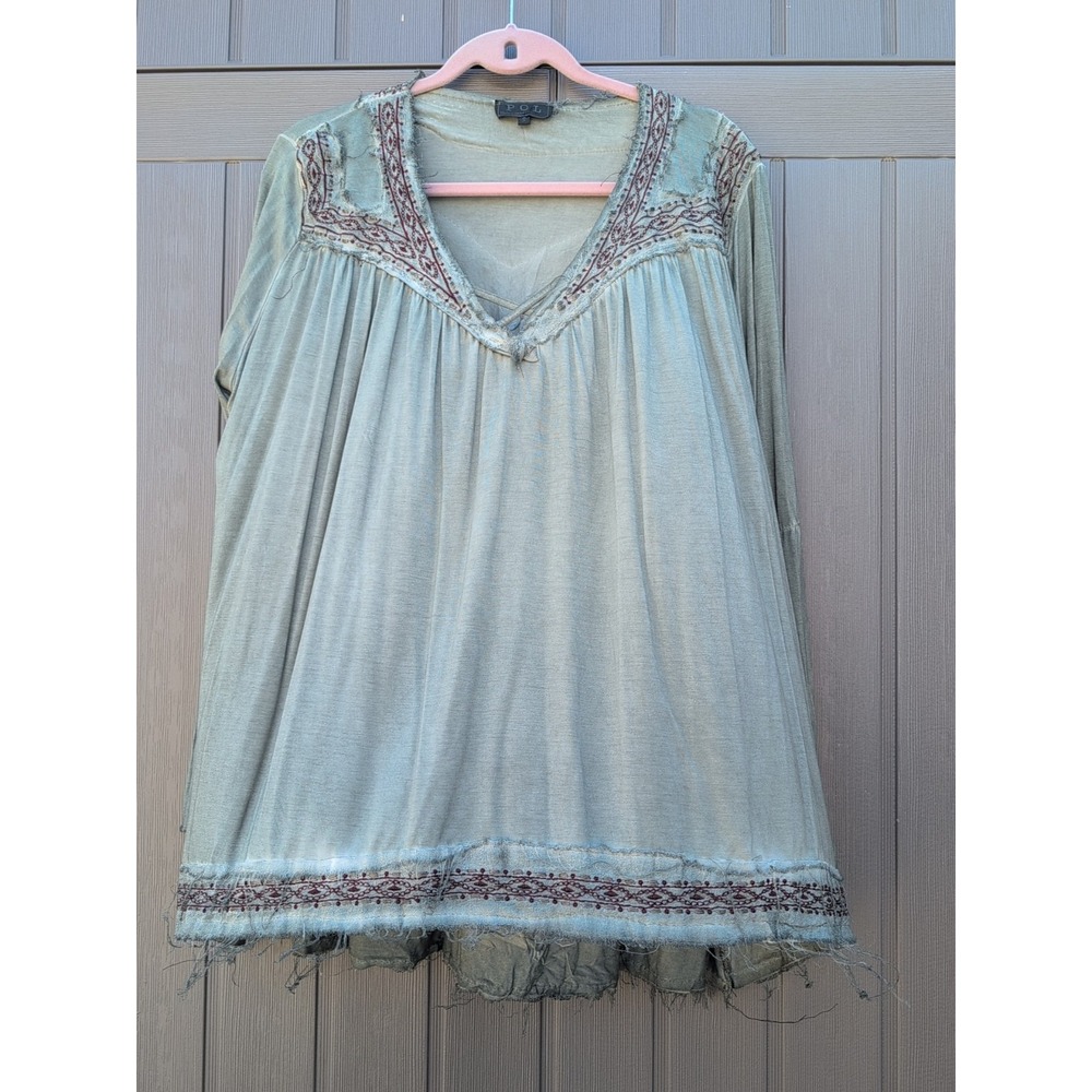 POL boutique Green Boho Top Womens Small Long SleeveRaw Hem Accent - Picture 2 of 12
